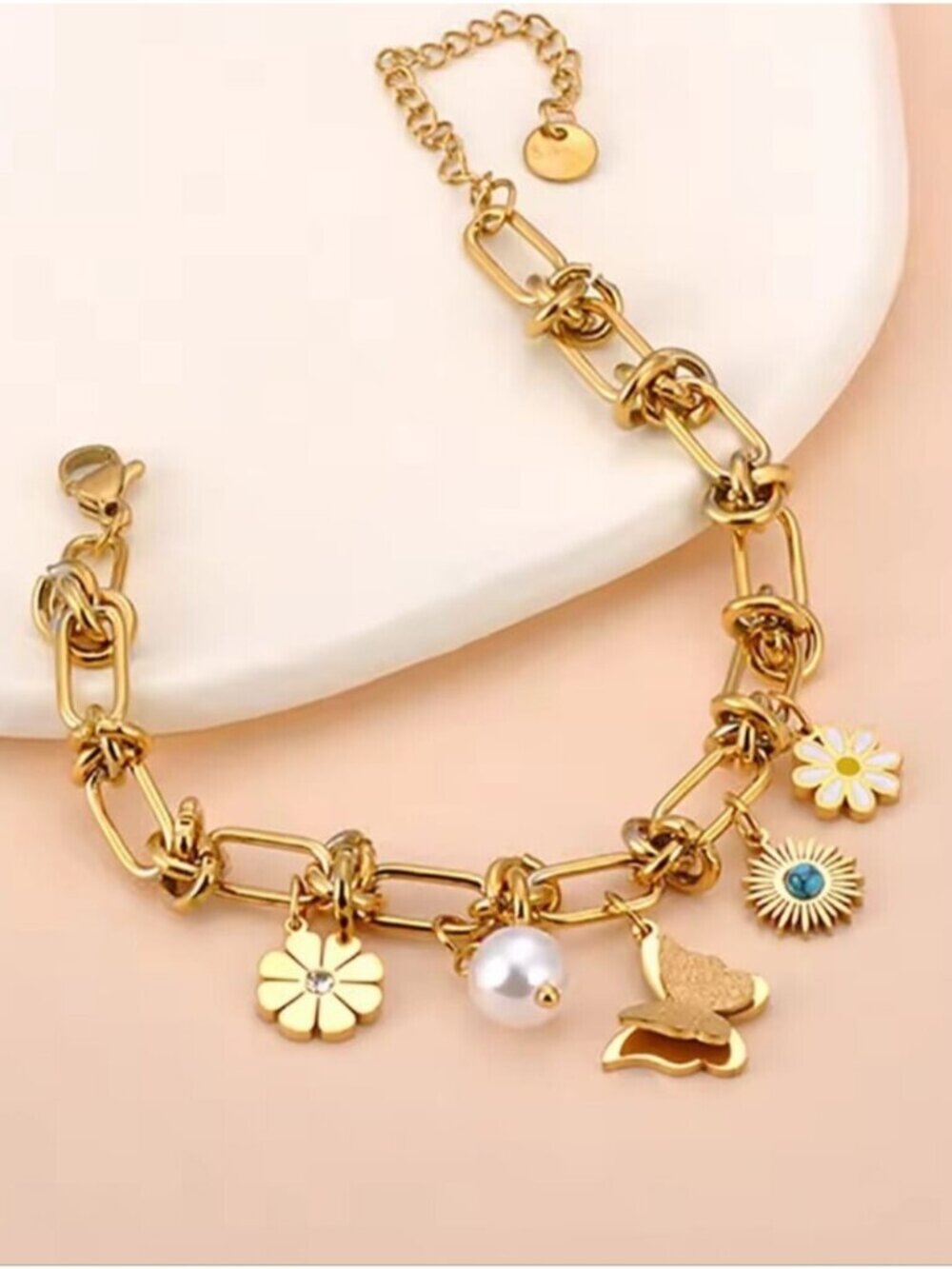 Gold Charm Link Bracelet with Butterfly, Daisy & Pearl Charms | Stainless